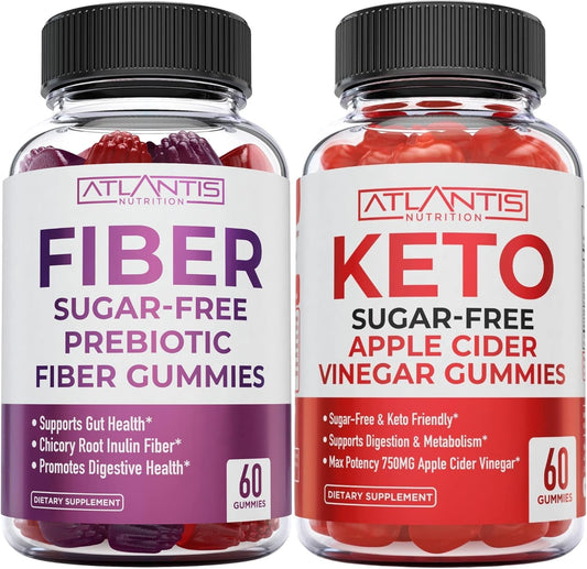 2-Pack Atlantis Nutrition Sugar Free Prebiotic Fiber Gummies (120 Gummies) + Sugar Free Keto Apple Cider Vinegar Gummies