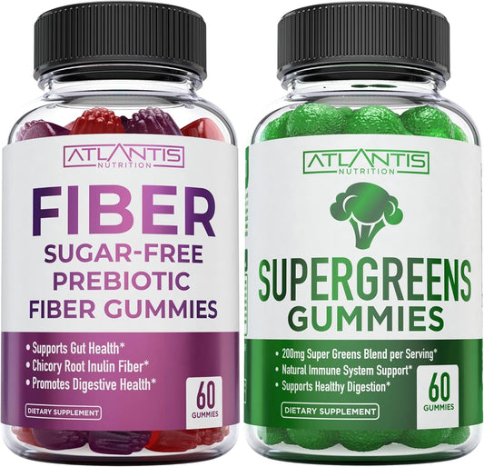 2-Pack Atlantis Nutrition Sugar Free Prebiotic Fiber Gummies for Adults with Supergreens - 180 Gummies Total