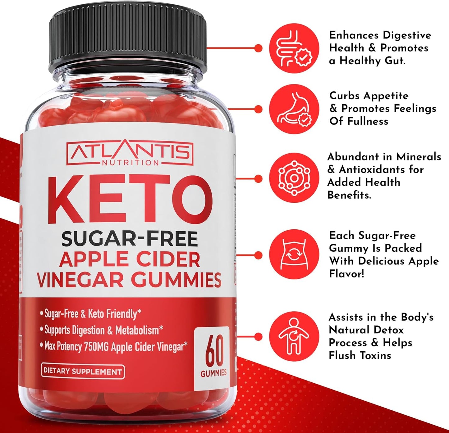 2-Pack Atlantis Nutrition Sugar Free Prebiotic Fiber Gummies (120 Gummies) + Sugar Free Keto Apple Cider Vinegar Gummies