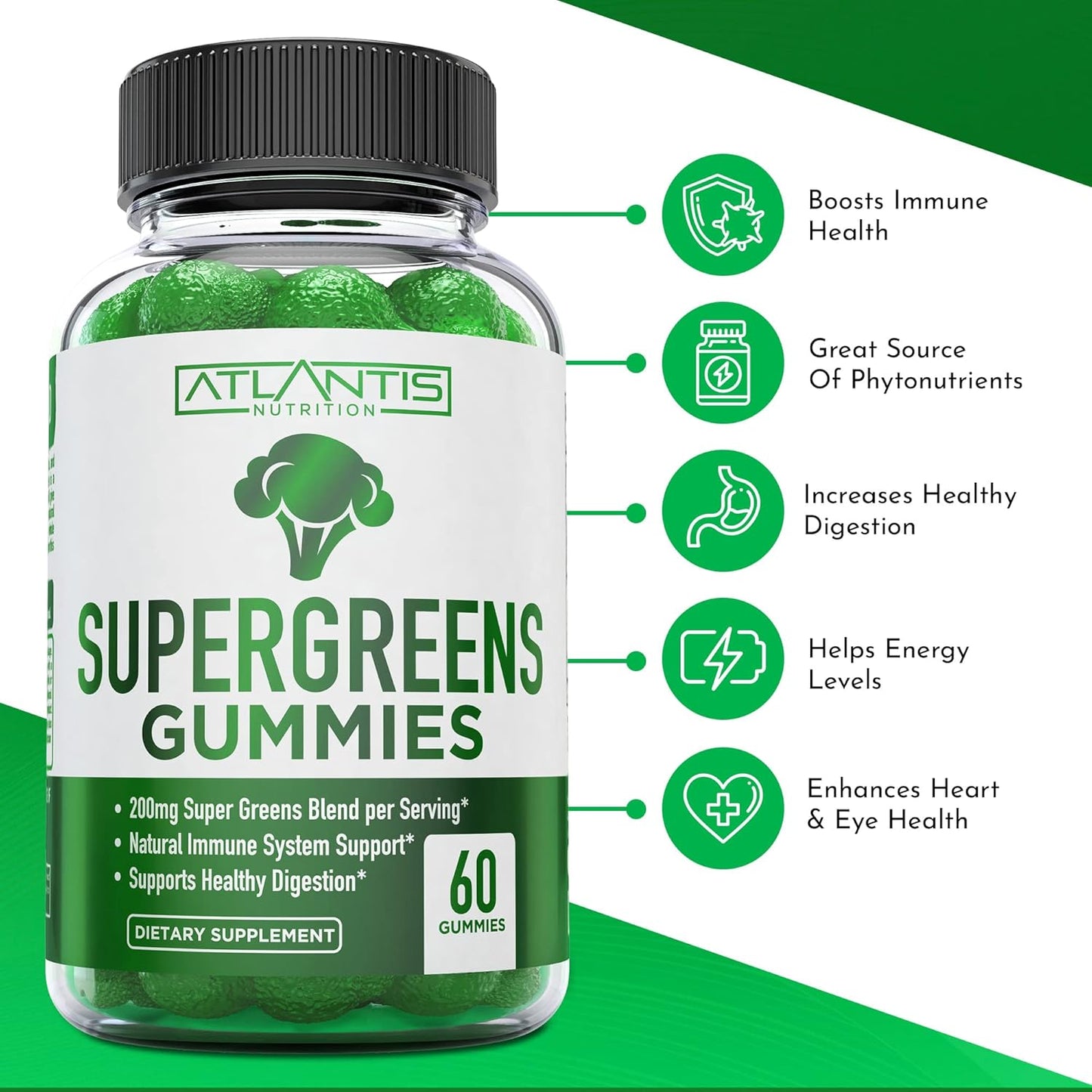 2-Pack Atlantis Nutrition Sugar Free Prebiotic Fiber Gummies for Adults with Supergreens - 180 Gummies Total