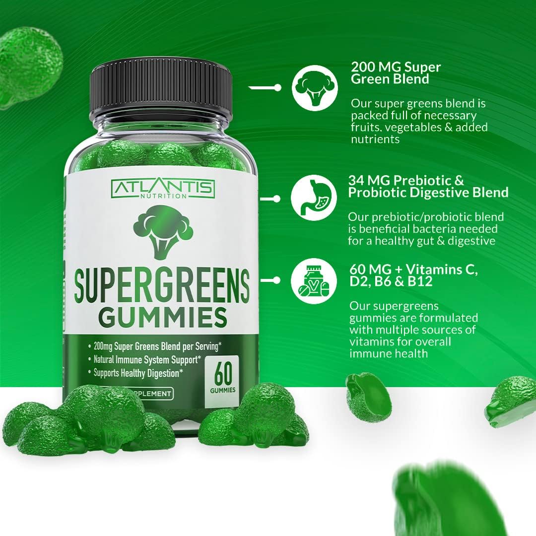 2-Pack Atlantis Nutrition Sugar Free Prebiotic Fiber Gummies for Adults with Supergreens - 180 Gummies Total