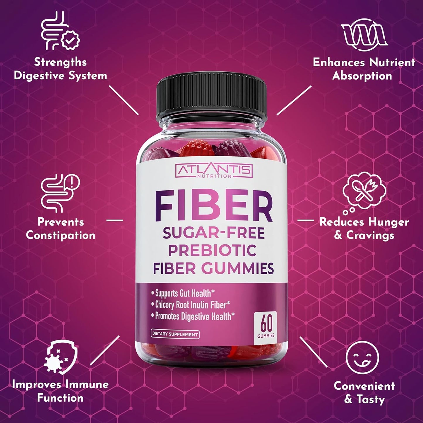 2-Pack Atlantis Nutrition Sugar Free Prebiotic Fiber Gummies for Adults with Supergreens - 180 Gummies Total