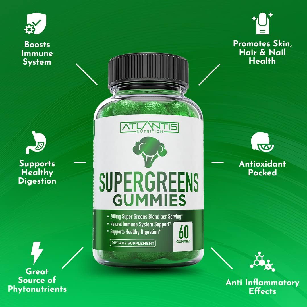 2-Pack Atlantis Nutrition Sugar Free Prebiotic Fiber Gummies for Adults with Supergreens - 180 Gummies Total