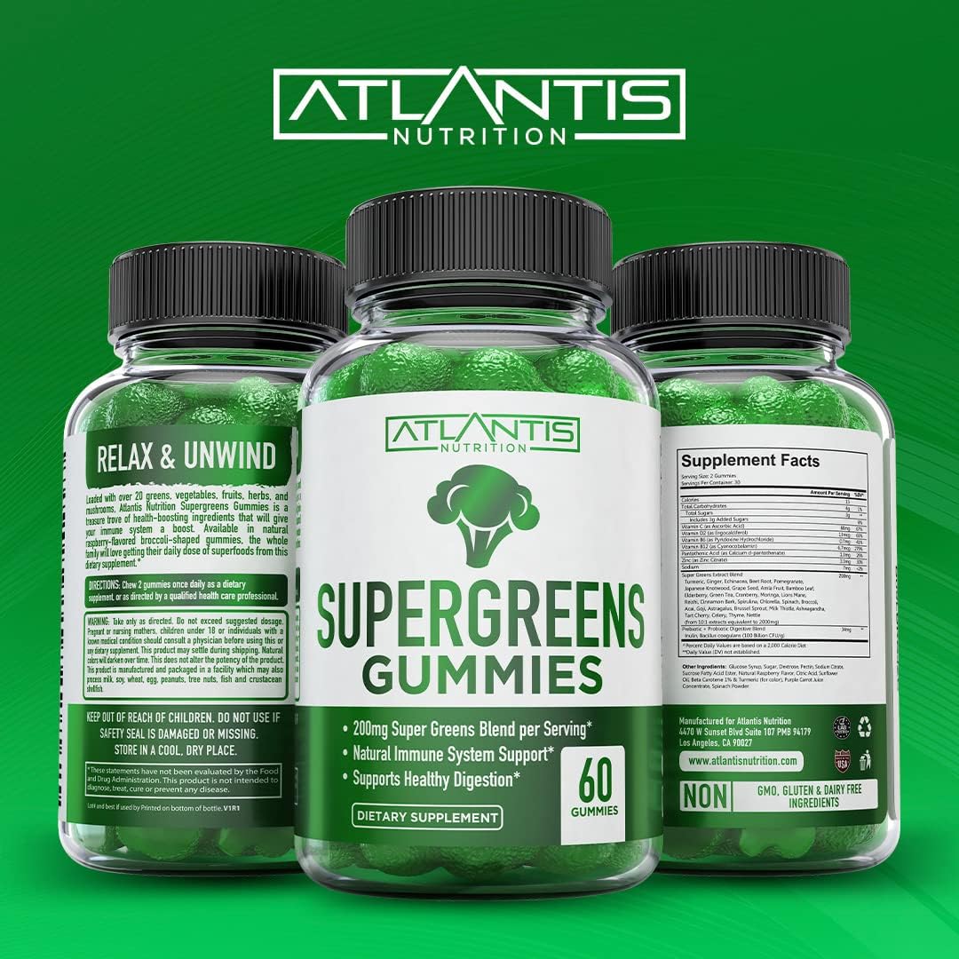 2-Pack Atlantis Nutrition Sugar Free Prebiotic Fiber Gummies for Adults with Supergreens - 180 Gummies Total