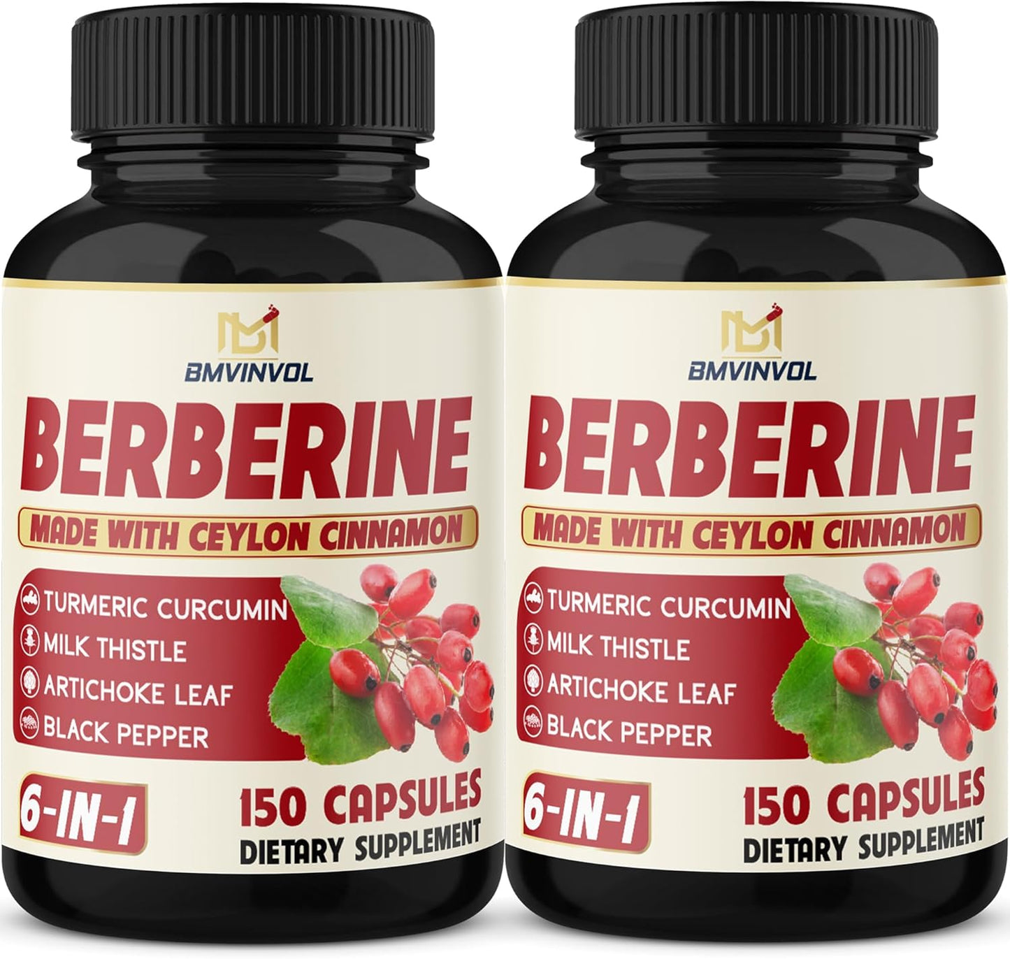 2 Pack Berberine HCl Root Supplements with Ceylon Cinnamon, Turmeric, Milk Thistle, Artichoke, and Black Pepper - Immune System Support