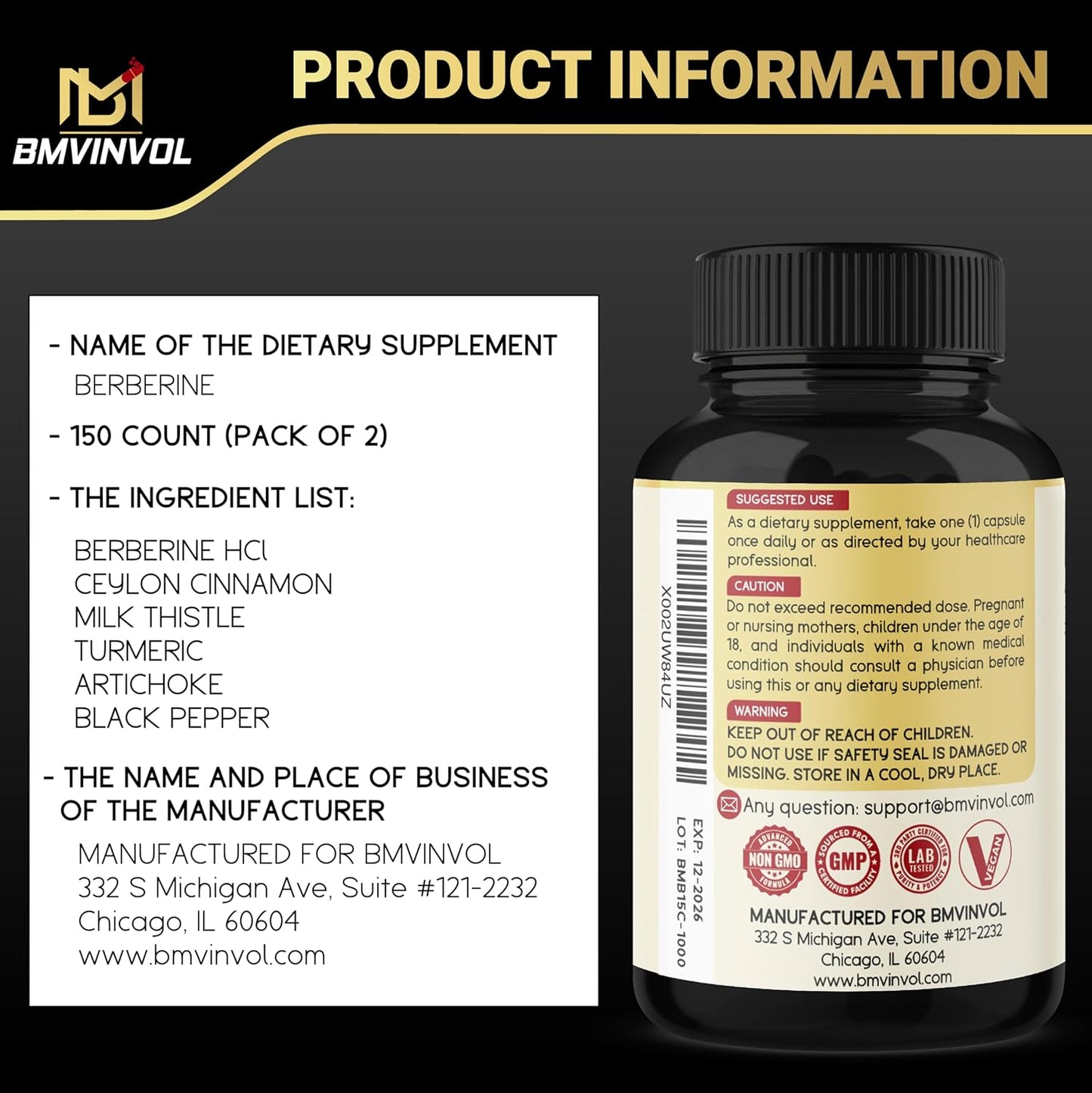2 Pack Berberine HCl Root Supplements with Ceylon Cinnamon, Turmeric, Milk Thistle, Artichoke, and Black Pepper - Immune System Support