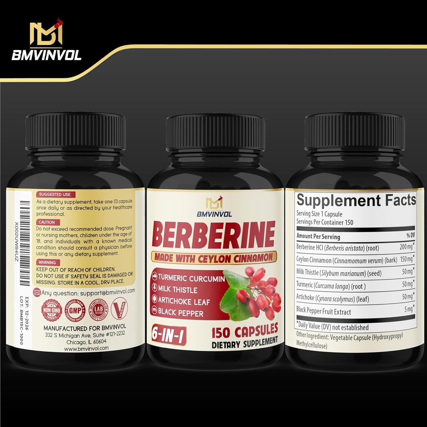 2 Pack Berberine HCl Root Supplements with Ceylon Cinnamon, Turmeric, Milk Thistle, Artichoke, and Black Pepper - Immune System Support
