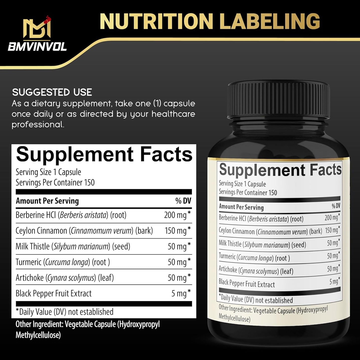 2 Pack Berberine HCl with Ceylon Cinnamon, Turmeric, Milk Thistle, Artichoke, Black Pepper - Immune Support Root Supplements