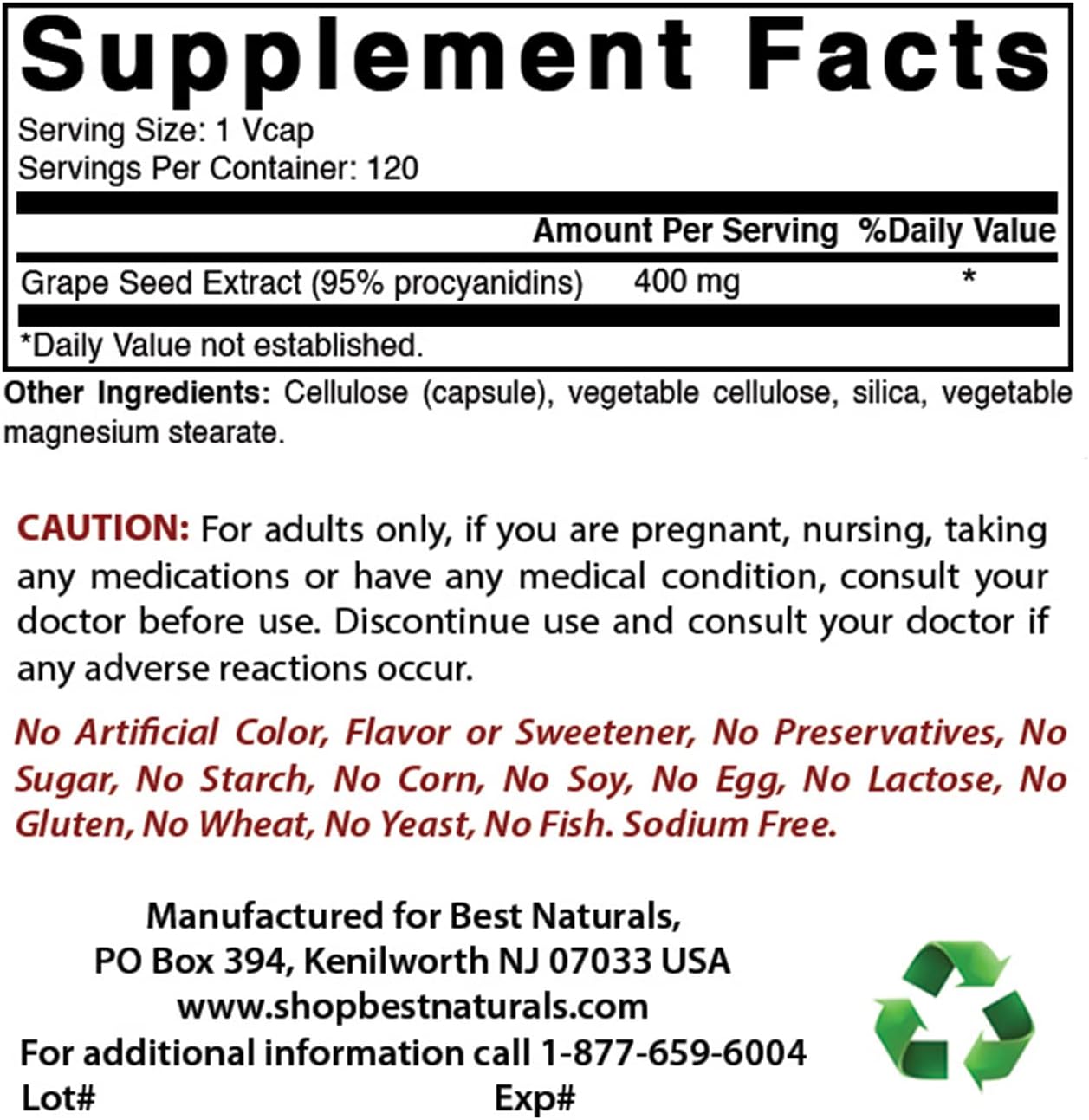 2-Pack Best Naturals Grapeseed Extract 400mg - 240 Vegetarian Capsules