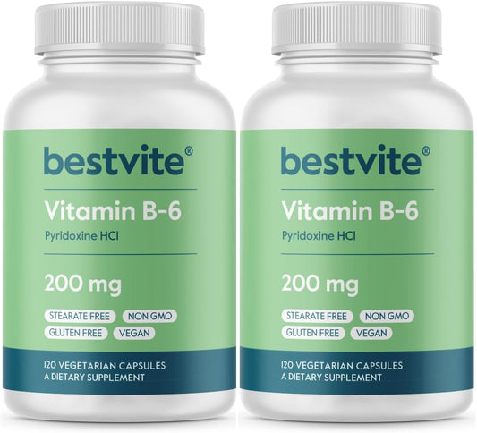 2-Pack Bestvite Vitamin B-6 200mg Vegetarian Capsules - Stearate & Flow Agent-Free