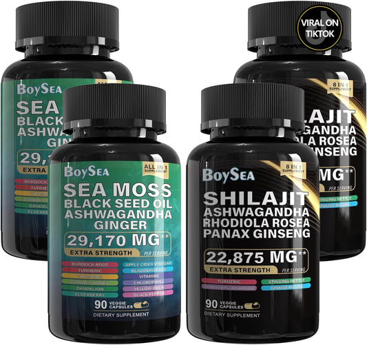 2-Pack Boysea Shilajit and Sea Moss Bundle - 90 Count - Various Supplements - Boost Energy and Immunity - 100% Natural Ingredients