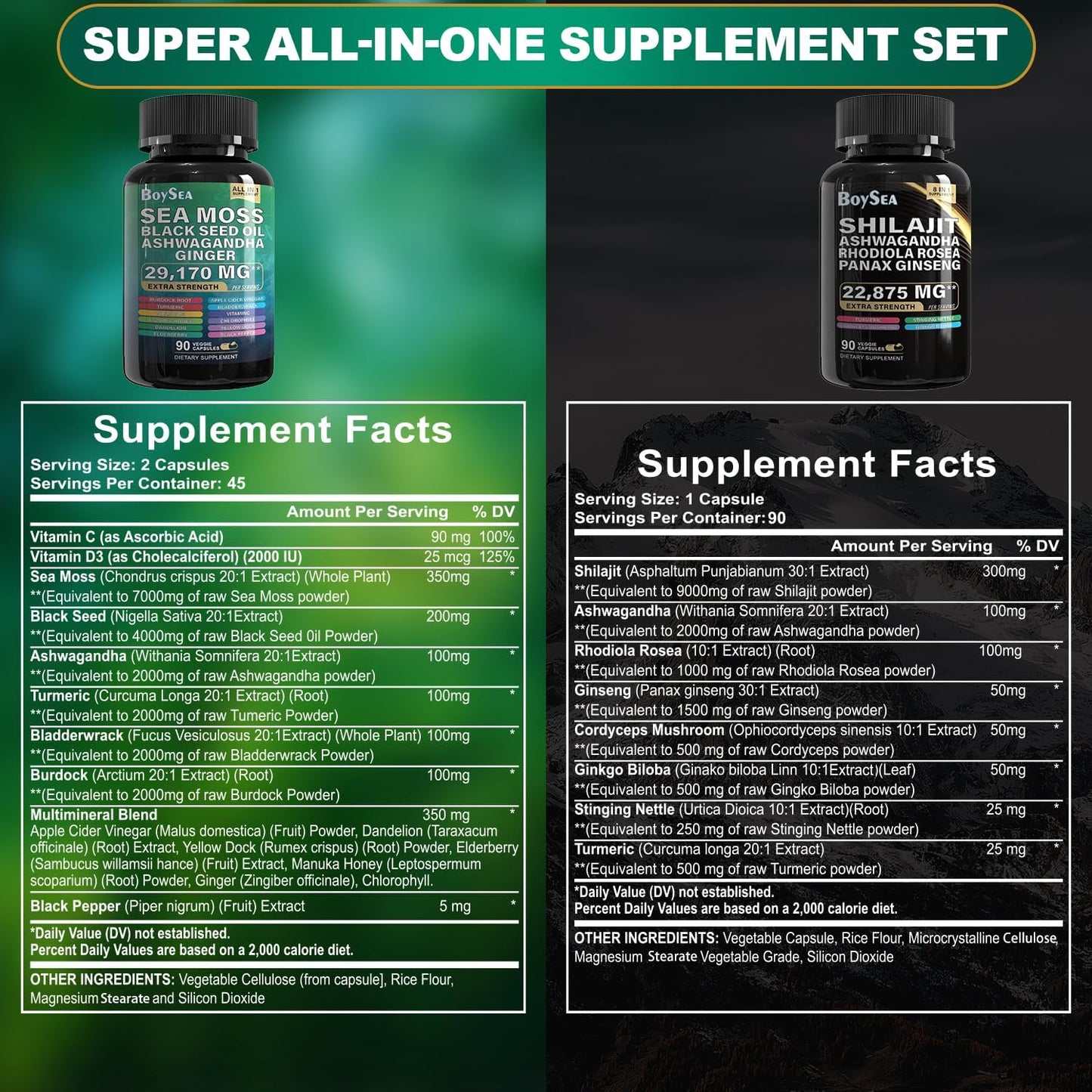 2-Pack Boysea Shilajit and Sea Moss Bundle - 90 Count - Various Supplements - Boost Energy and Immunity - 100% Natural Ingredients