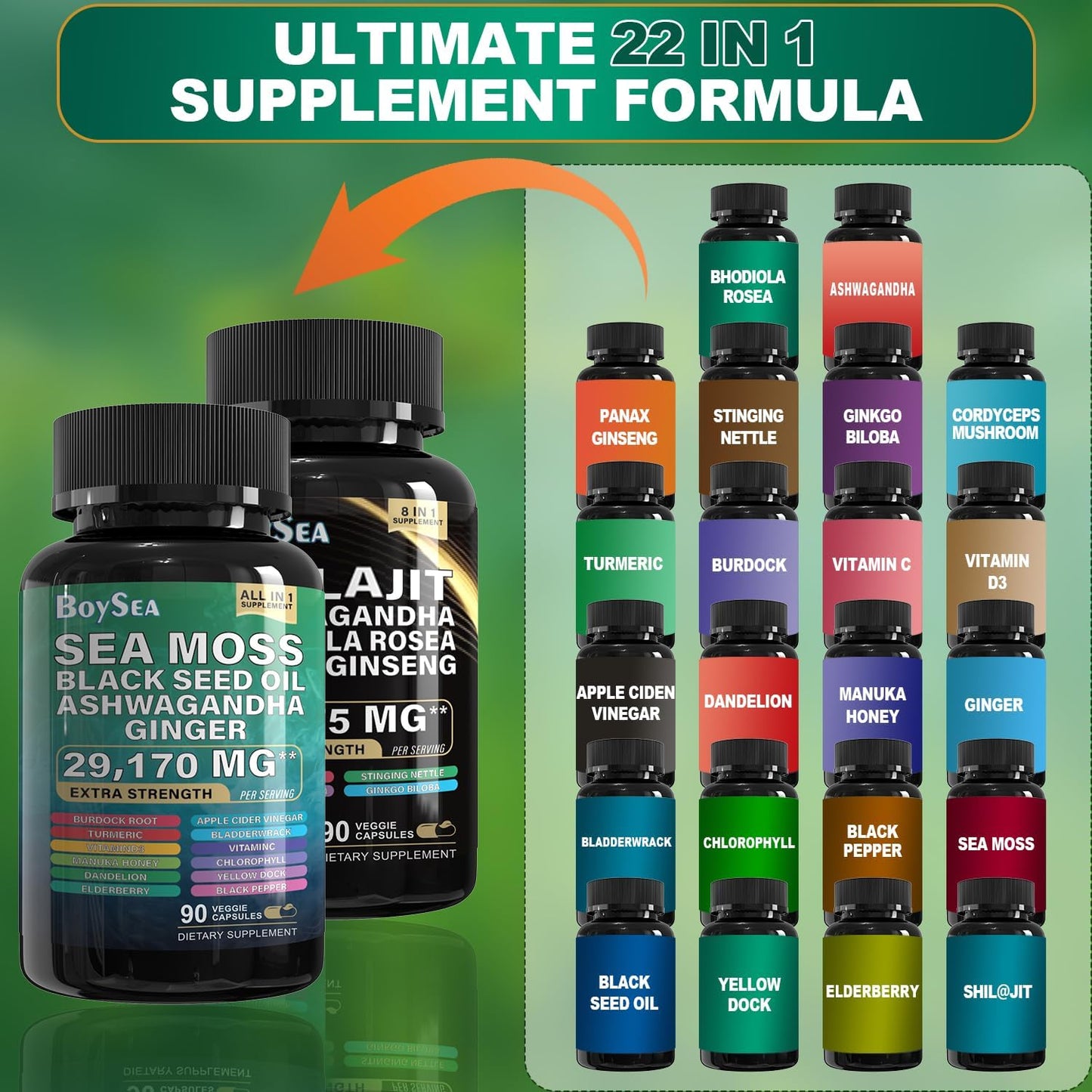2-Pack Boysea Shilajit and Sea Moss Bundle - 90 Count - Various Supplements - Boost Energy and Immunity - 100% Natural Ingredients