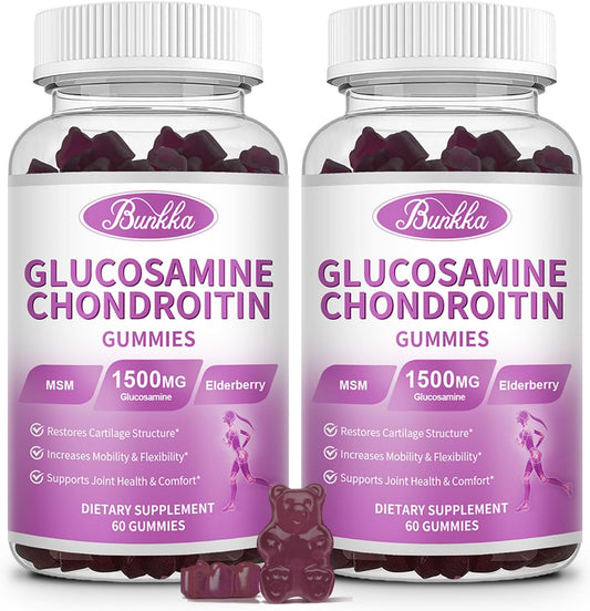 2-Pack Bunkka Glucosamine Chondroitin Gummies with MSM, Elderberry, Hyaluronic Acid - Chewable Joint Support for Adults - Antioxidant Joint Comfort & Mobility Supplement