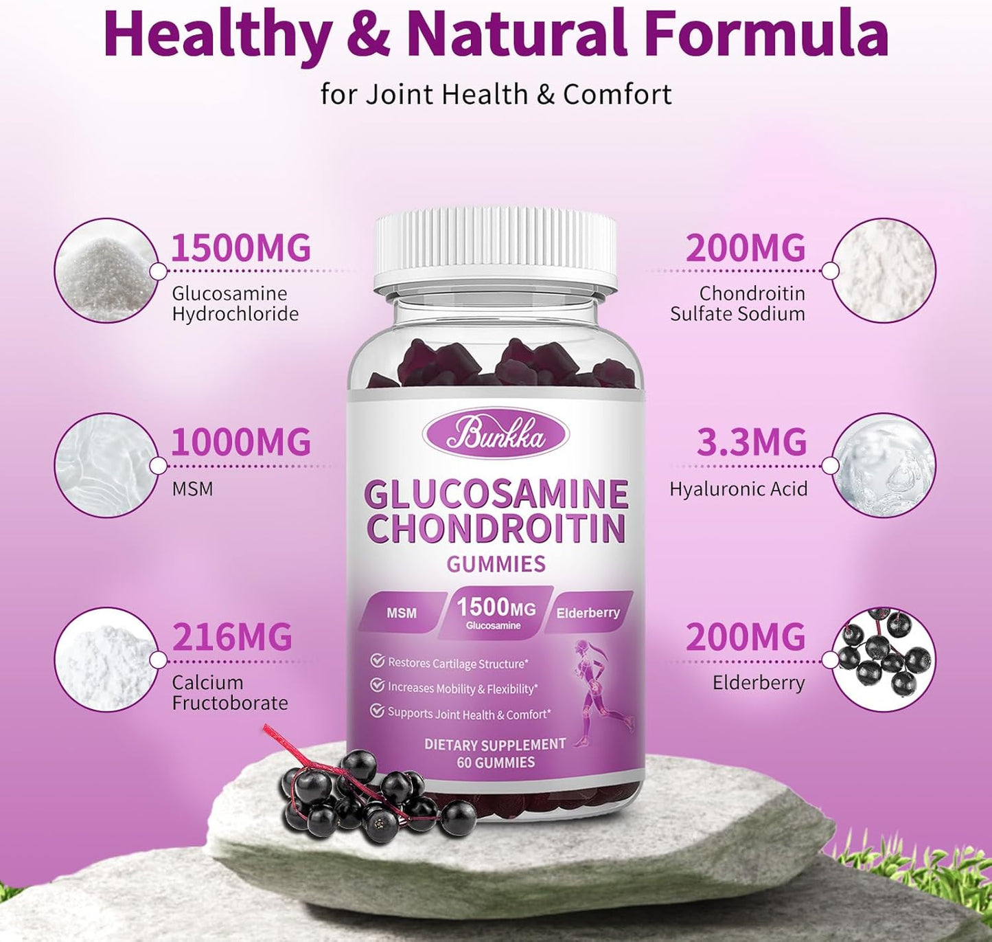 2-Pack Bunkka Glucosamine Chondroitin Gummies with MSM, Elderberry, Hyaluronic Acid - Chewable Joint Support for Adults - Antioxidant Joint Comfort & Mobility Supplement