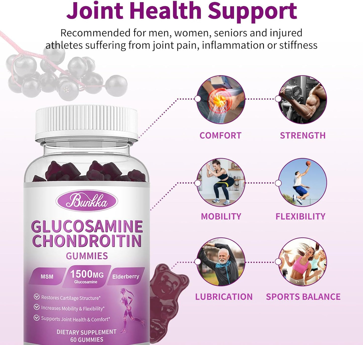 2-Pack Bunkka Glucosamine Chondroitin Gummies with MSM, Elderberry, Hyaluronic Acid - Chewable Joint Support for Adults - Antioxidant Joint Comfort & Mobility Supplement