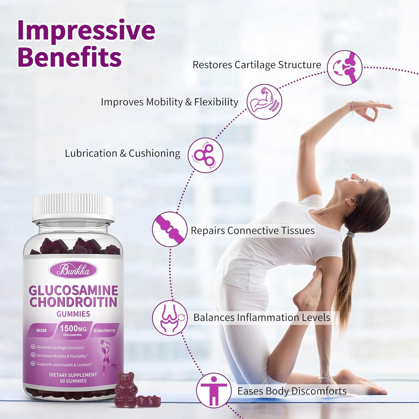 2-Pack Bunkka Glucosamine Chondroitin Gummies with MSM, Elderberry, Hyaluronic Acid - Chewable Joint Support for Adults - Antioxidant Joint Comfort & Mobility Supplement