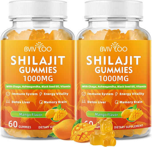 2 Pack BVIVLOO Sugar-Free Shilajit Gummies 1000mg - Pure Himalayan Supplement for Energy, Brain, & Immunity - 120 Gummies