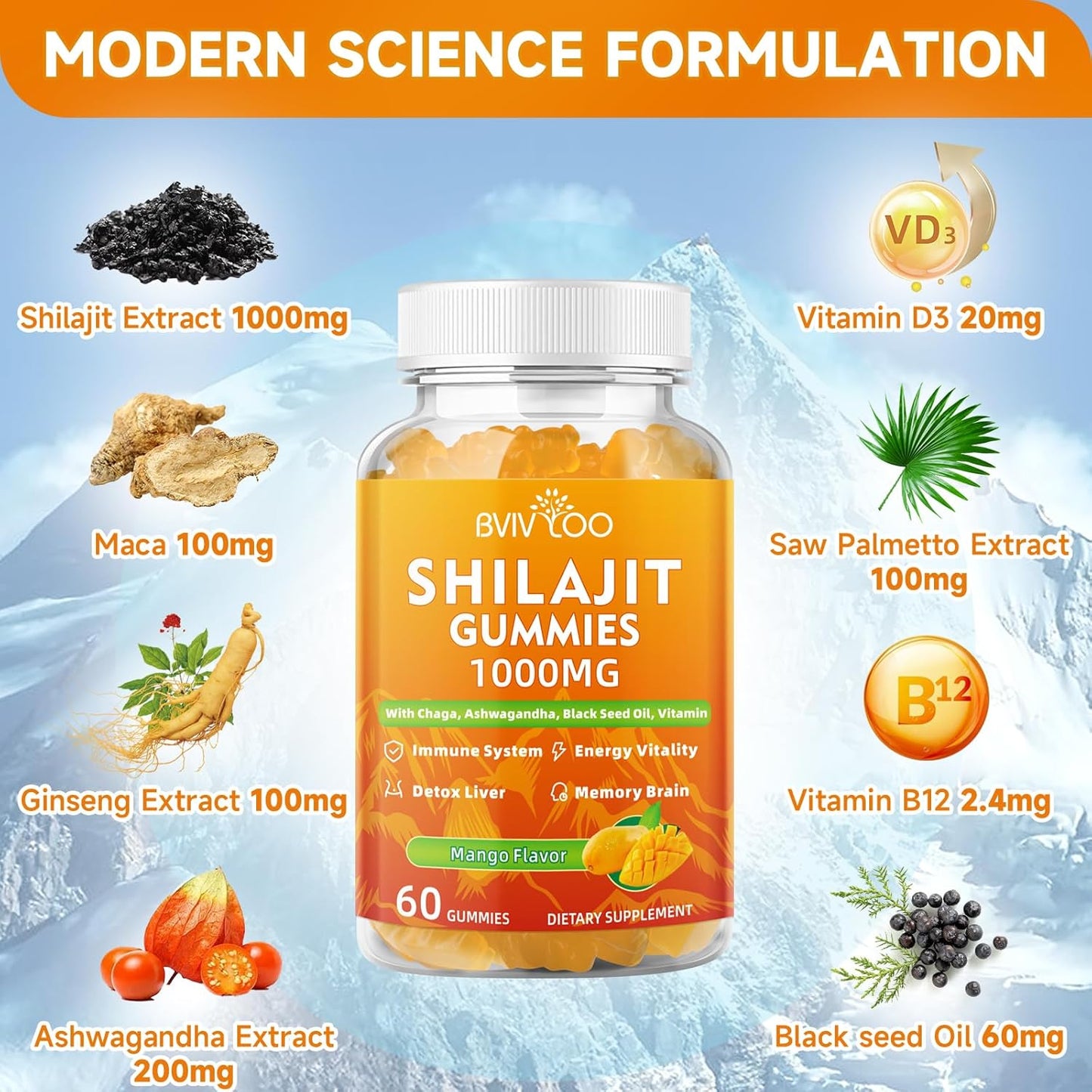 2 Pack BVIVLOO Sugar-Free Shilajit Gummies 1000mg - Pure Himalayan Supplement for Energy, Brain, & Immunity - 120 Gummies