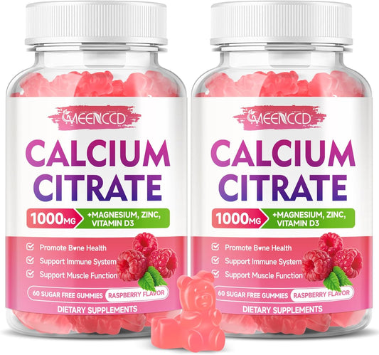 2 Pack Calcium Citrate Gummies 1000mg with Vitamin D3 for High Absorption, Muscle & Immune Support - Raspberry Flavor - 120 Count
