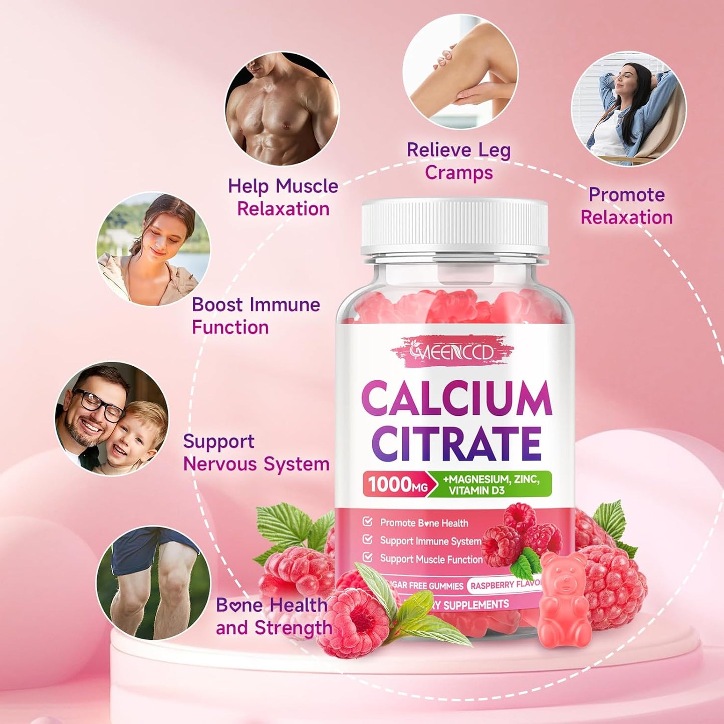 2 Pack Calcium Citrate Gummies 1000mg with Vitamin D3 for High Absorption, Muscle & Immune Support - Raspberry Flavor - 120 Count