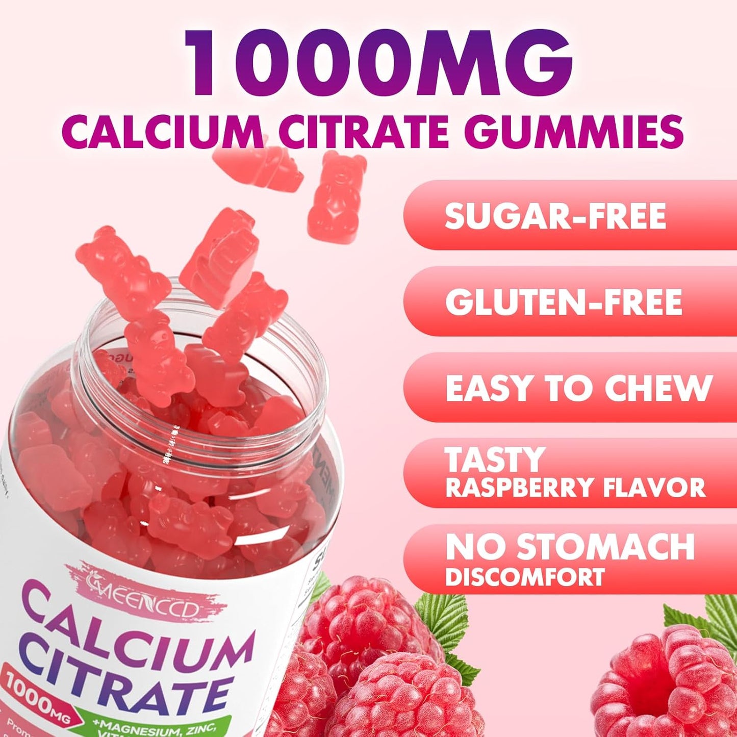 2 Pack Calcium Citrate Gummies 1000mg with Vitamin D3 for High Absorption, Muscle & Immune Support - Raspberry Flavor - 120 Count