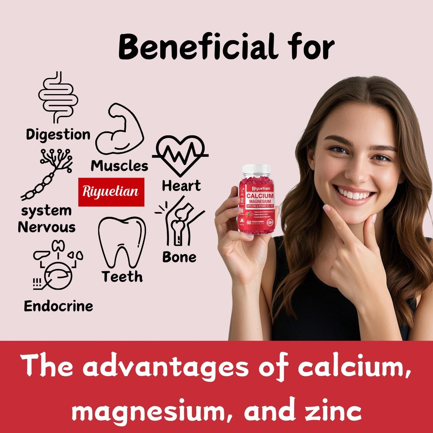2 Pack Calcium Magnesium Zinc Gummies with Vitamin D3 for Bone, Muscle & Immune Health - 120 Count - Vegan & Gluten-Free