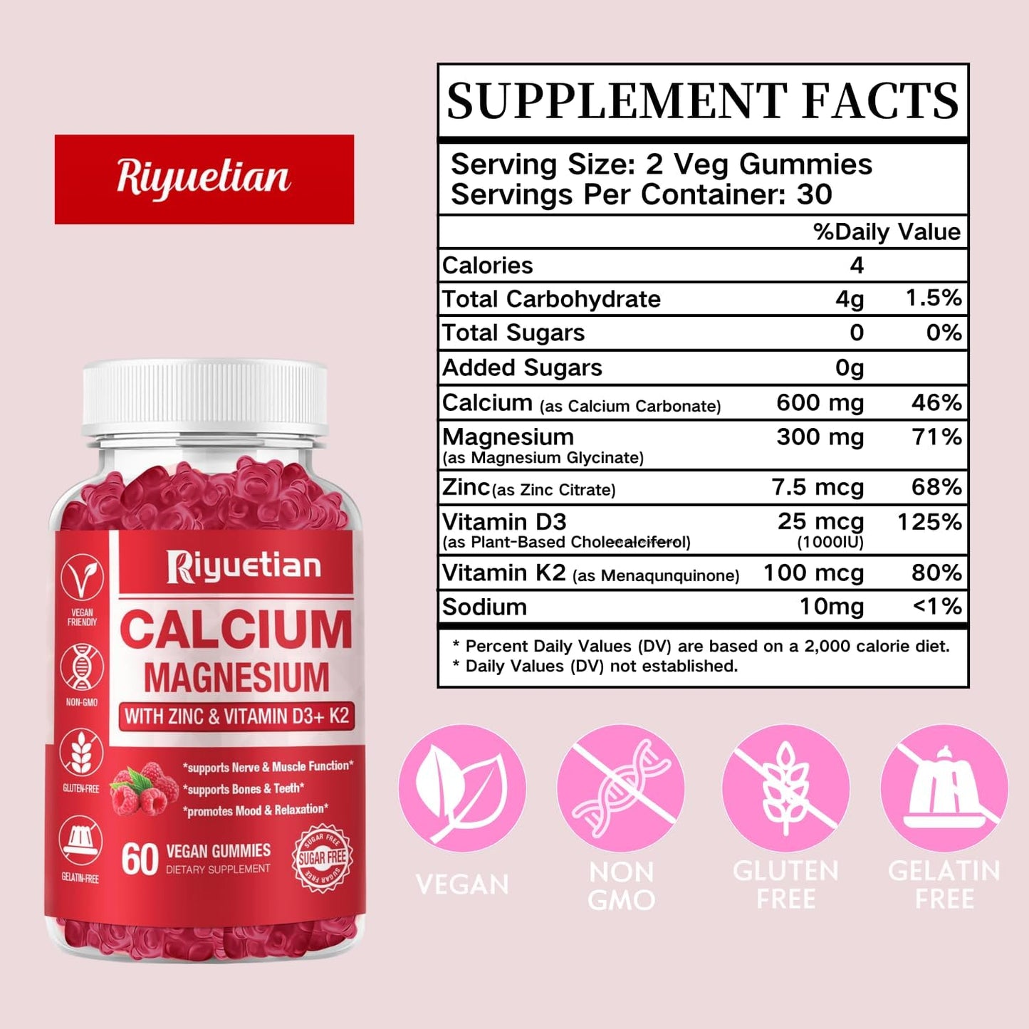 2 Pack Calcium Magnesium Zinc Gummies with Vitamin D3 for Bone, Muscle & Immune Health - 120 Count - Vegan & Gluten-Free