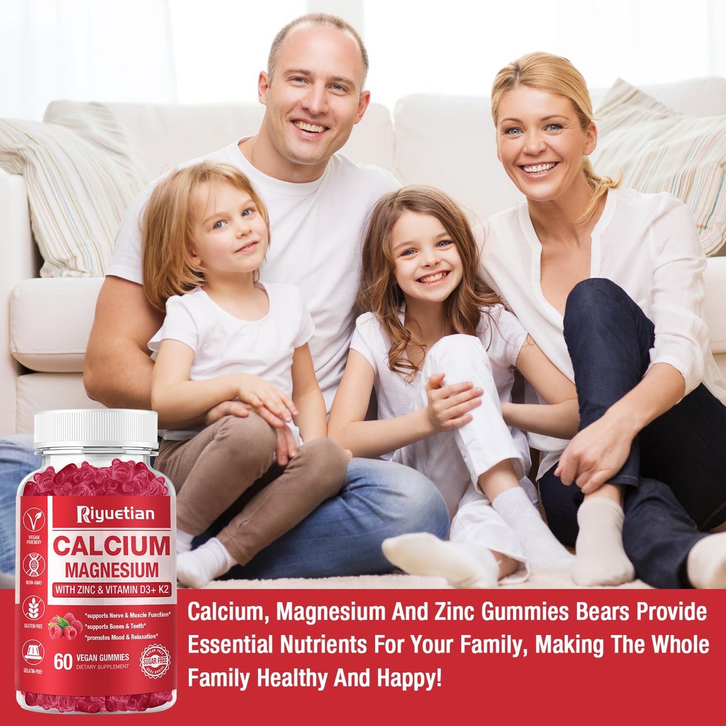 2 Pack Calcium Magnesium Zinc Gummies with Vitamin D3 for Bone, Muscle & Immune Health - 120 Count - Vegan & Gluten-Free