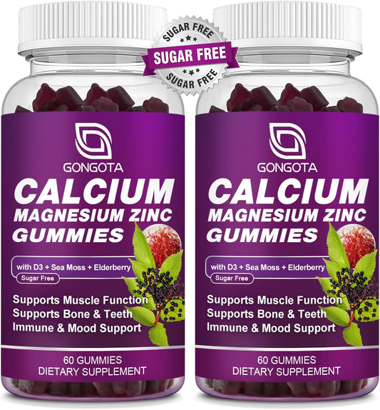 2-Pack Calcium Magnesium Zinc with Vitamin D3 Gummies for Bone & Muscle Support - Vegan & Sugar-Free Formula for Adults and Teens