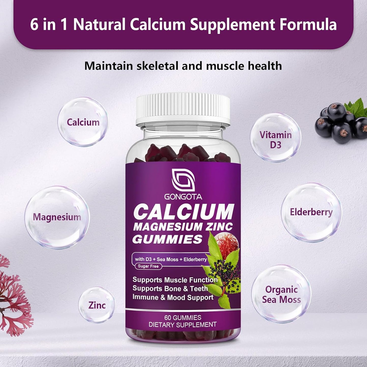 2-Pack Calcium Magnesium Zinc with Vitamin D3 Gummies for Bone & Muscle Support - Vegan & Sugar-Free Formula for Adults and Teens