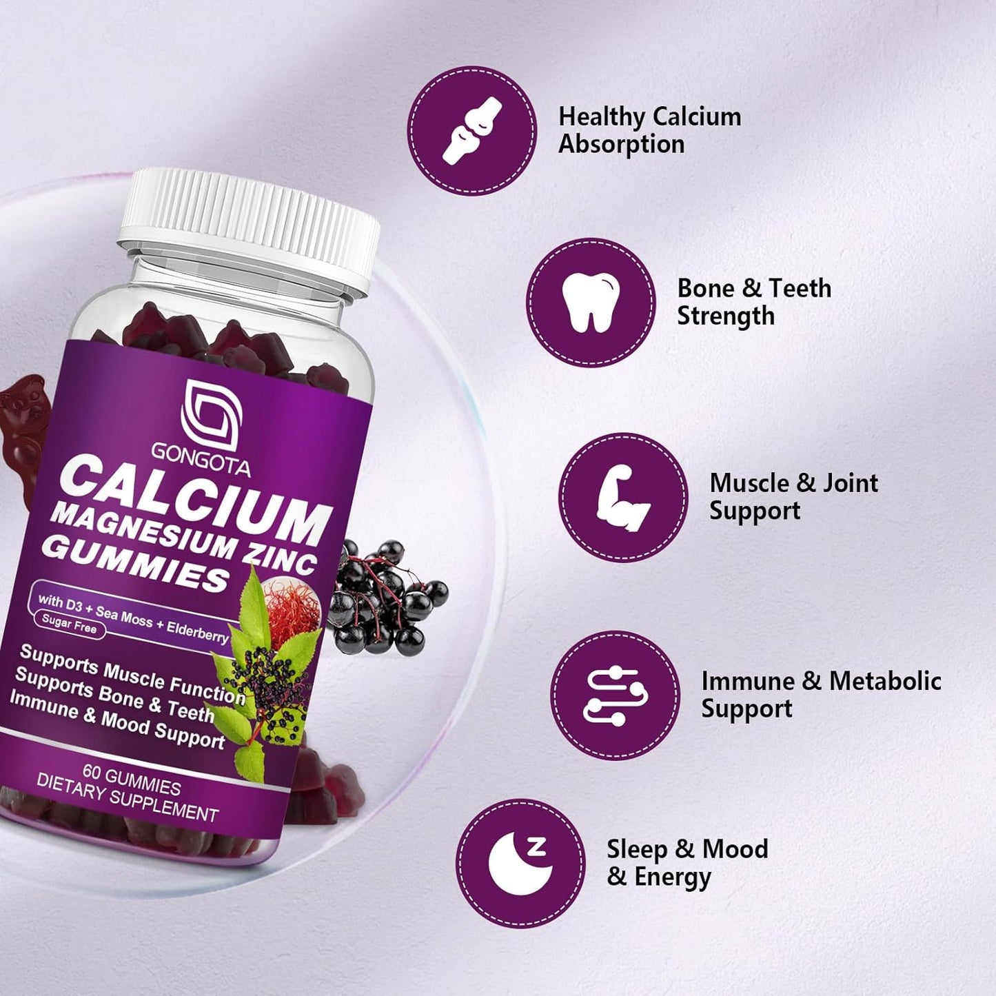 2-Pack Calcium Magnesium Zinc with Vitamin D3 Gummies for Bone & Muscle Support - Vegan & Sugar-Free Formula for Adults and Teens