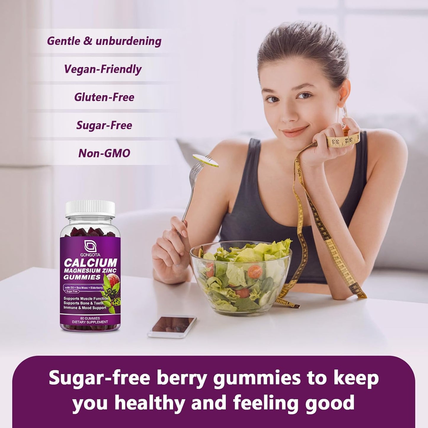 2-Pack Calcium Magnesium Zinc with Vitamin D3 Gummies for Bone & Muscle Support - Vegan & Sugar-Free Formula for Adults and Teens