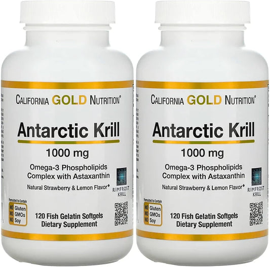 2 Pack California Gold Nutrition Antarctic Krill Oil Softgels, 1,000 mg Omega-3 Phospholipids with Astaxanthin, Strawberry Lemon Flavor, Non GMO - 240 Total