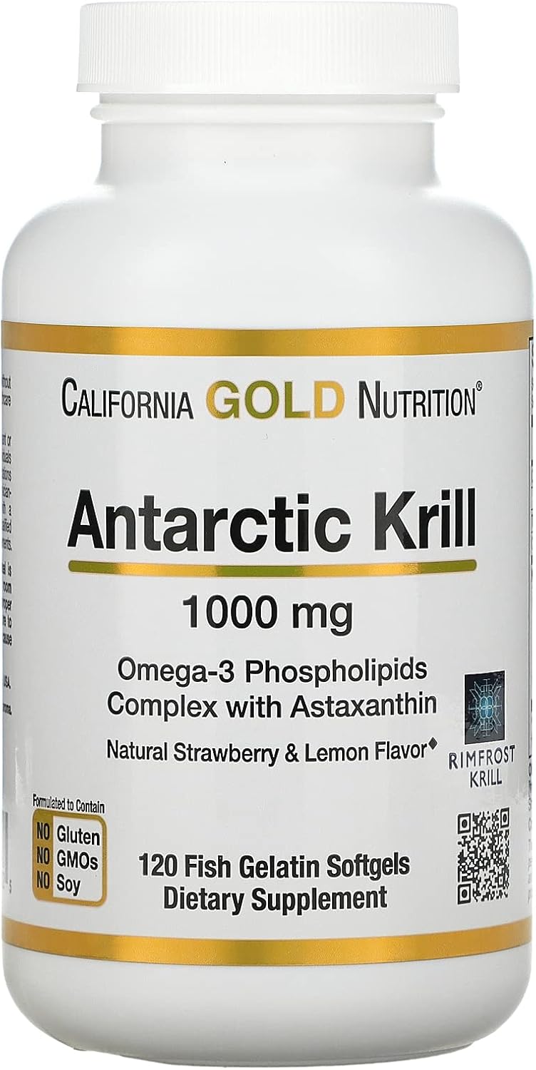 2 Pack California Gold Nutrition Antarctic Krill Oil Softgels, 1,000 mg Omega-3 Phospholipids with Astaxanthin, Strawberry Lemon Flavor, Non GMO - 240 Total