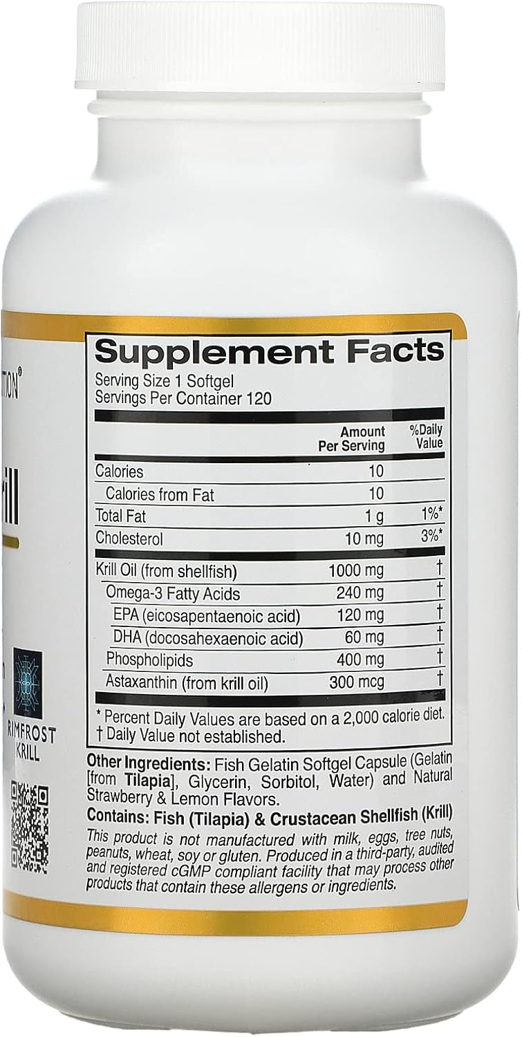 2 Pack California Gold Nutrition Antarctic Krill Oil Softgels, 1,000 mg Omega-3 Phospholipids with Astaxanthin, Strawberry Lemon Flavor, Non GMO - 240 Total
