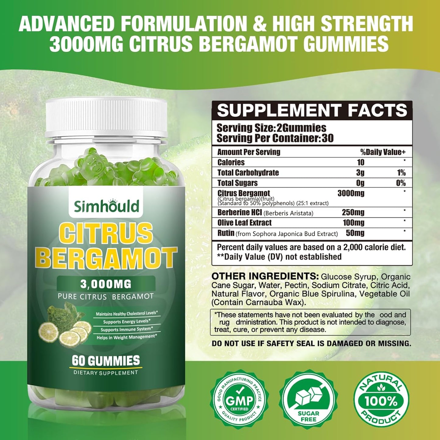 2 Pack Citrus Bergamot Gummies - 3000MG Extract Supplement for Cholesterol, Immune Support, Anti-Aging - Vegan, Sugar-Free - 120 Count