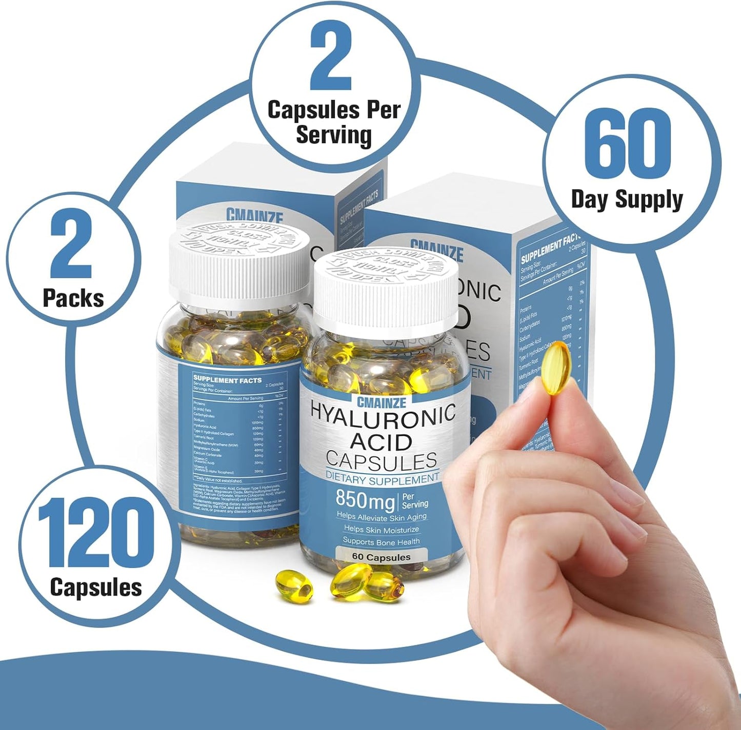 2-Pack CMAINZE Hyaluronic Acid Capsules, 850mg, Supports Skin & Joint Health, Highly Bioavailable, 60 Capsules