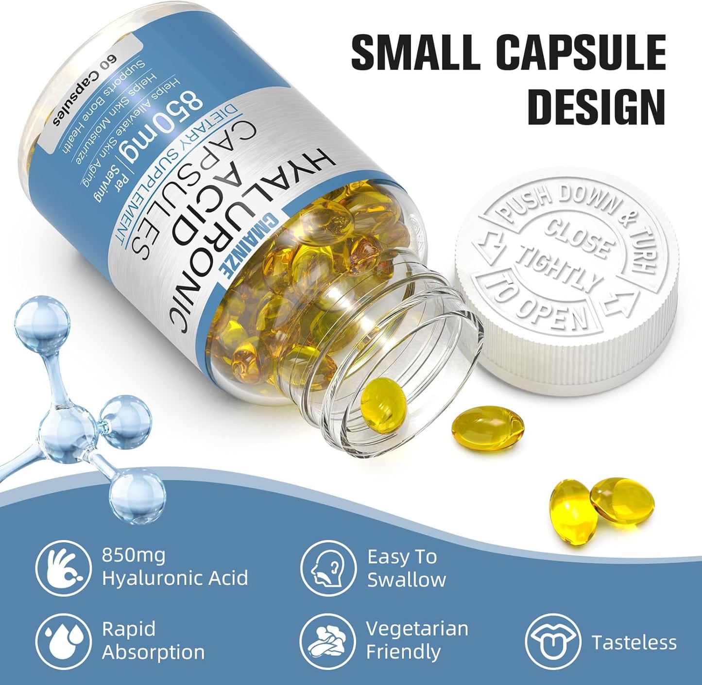 2-Pack CMAINZE Hyaluronic Acid Capsules, 850mg, Supports Skin & Joint Health, Highly Bioavailable, 60 Capsules