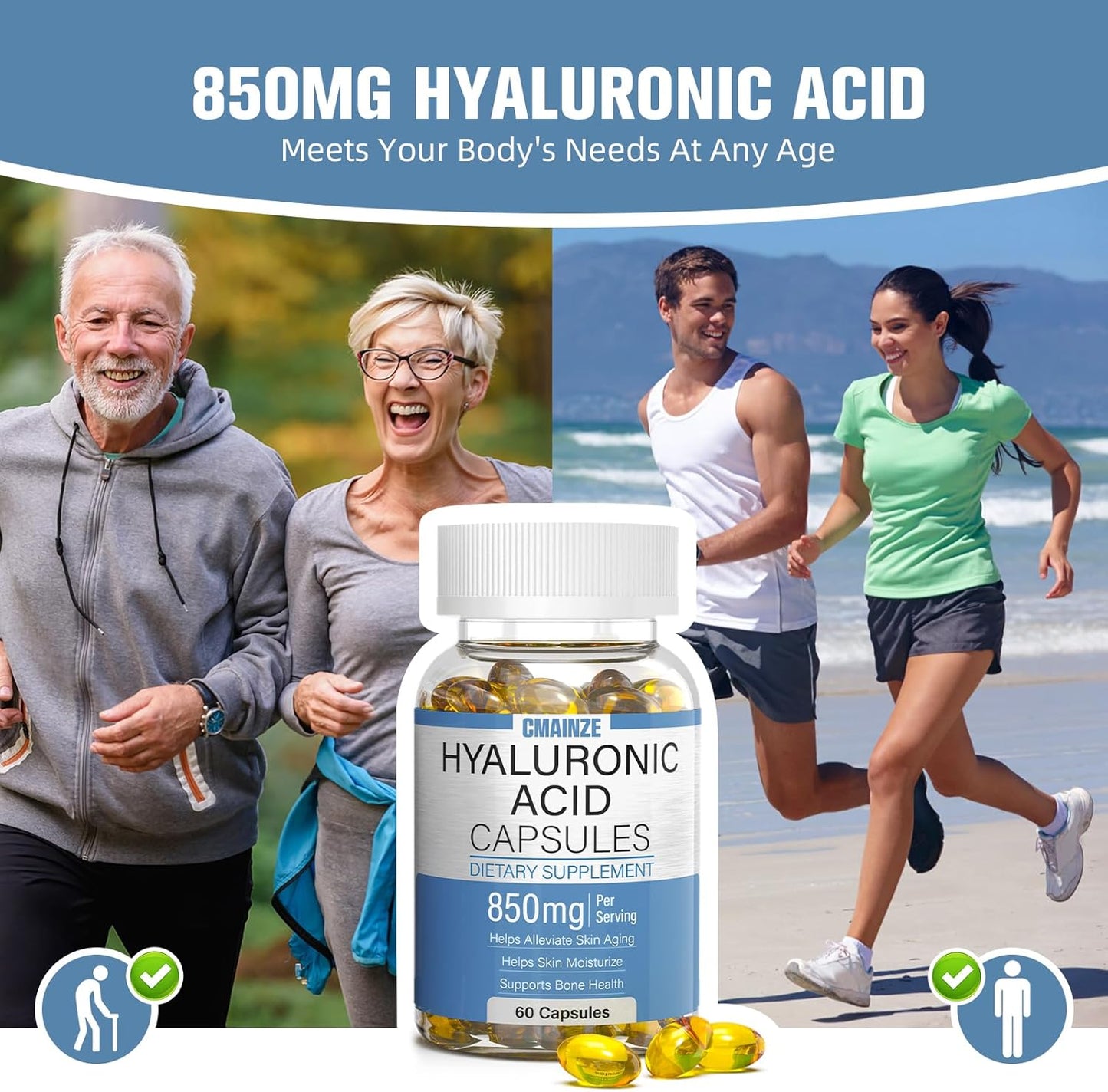 2-Pack CMAINZE Hyaluronic Acid Capsules, 850mg, Supports Skin & Joint Health, Highly Bioavailable, 60 Capsules