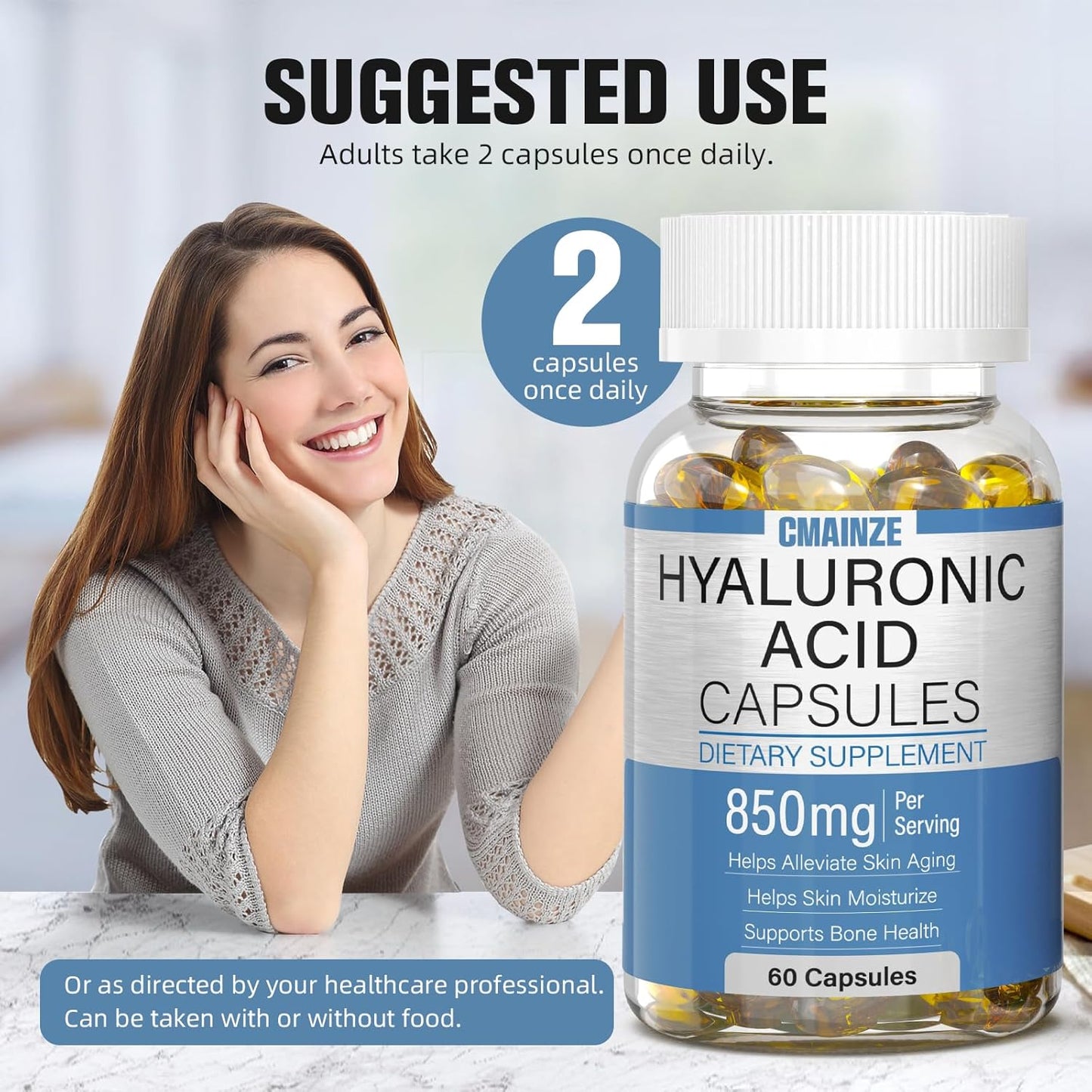 2-Pack CMAINZE Hyaluronic Acid Capsules, 850mg, Supports Skin & Joint Health, Highly Bioavailable, 60 Capsules
