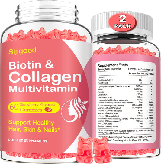 2 Pack Collagen Gummies for Women and Men Over 50 - Collagen Peptides with Biotin, Keratin, Vitamins for Skin, Hair, Nails, Immunity, Energy, Digestion - 120 Gummies