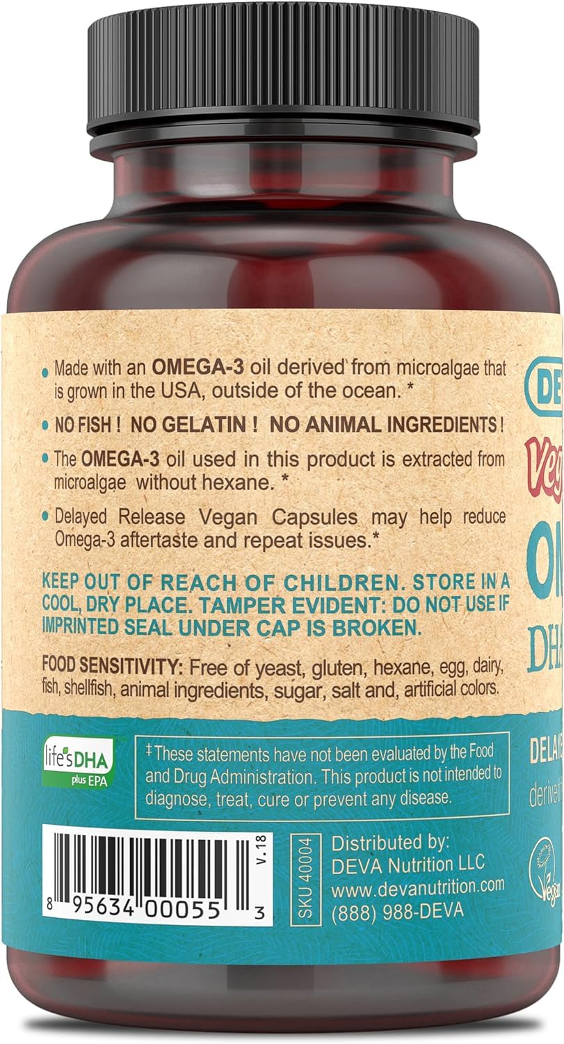 2-Pack DEVA Vegan Omega-3 DHA-EPA Capsules, Delayed Release, 90 Capsules Each, Made from Micro Algae