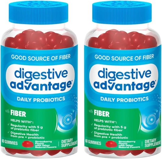 2 Pack Digestive Advantage Prebiotic Fiber & Probiotic Gummies - Strawberry Flavor for Adults - Supports Digestive Health & Regularity - 60 Count