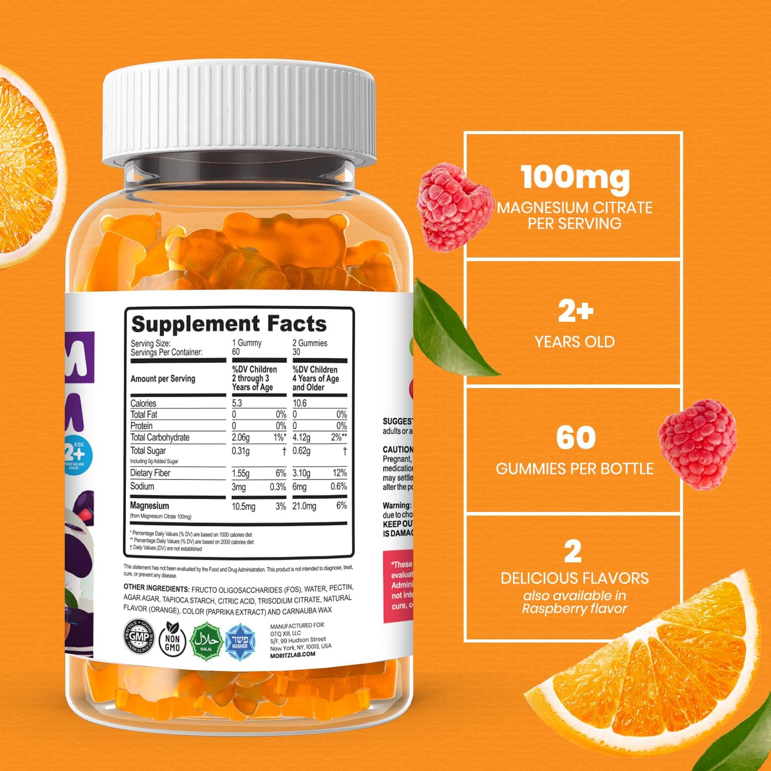 2-Pack Dr. Moritz Orange Flavored Sugar-Free Magnesium Citrate Gummies for Kids and Adults - Non-GMO - 120 Count