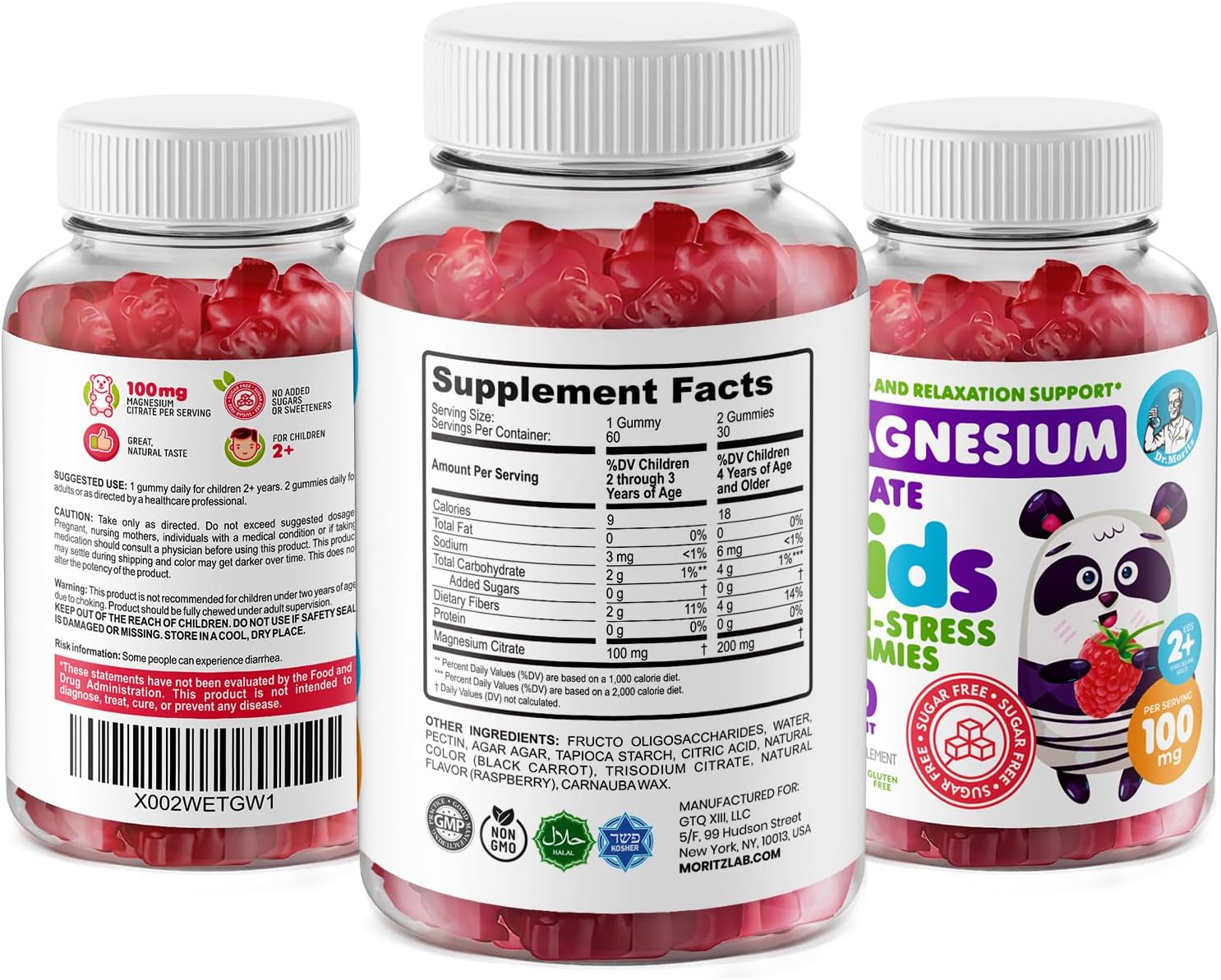 2-Pack Dr. Moritz Sugar-Free Calm Magnesium Gummies - Raspberry Flavor - Non-GMO Citrate Gummies for Kids & Adults (60 Count)