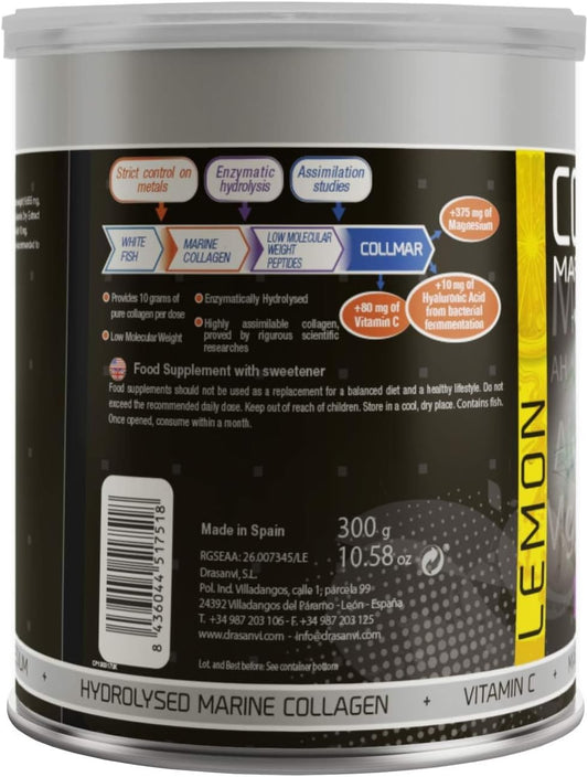 2 Pack Drasanvi Collmar Hydrolyzed Marine Collagen with Magnesium Powder 300g Lemon Flavor - Spanish Supplements for Skin, Cartilage, Bones - Reduce Fatigue