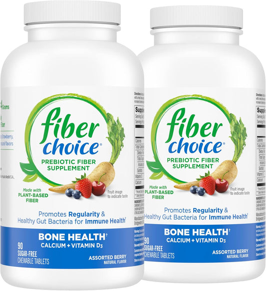 2 Pack Fiber Choice Bone Health Prebiotic Chewable Tablets with Calcium & Vitamin D, Assorted Berry - 90 Count