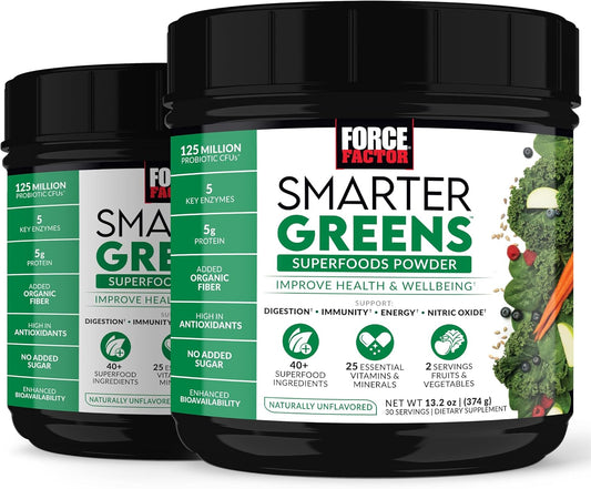 2-Pack Force Factor Smarter Greens Superfoods Powder - Supports Digestion, Immunity, Energy - Greens Powder with Probiotics, Enzymes, Antioxidants - 60 Servings