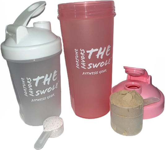2-Pack Fortune Favors The Swole Shaker Bottle Set for Protein Shakes - 24oz/14oz - Pink/Clear Colors - Ideal for Pre and Post Workout
